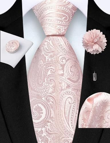 GUSLESON 3.15"（8cm） Mens Tie and Lapel Pin Paisley Necktie Hankerchief Cufflinks Set for Men - color: Blush Pink