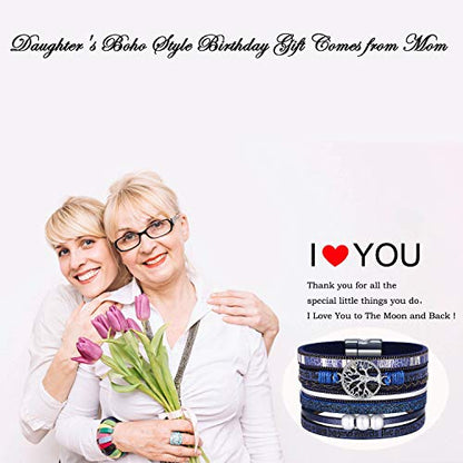 Desimtion Inspirational Tree of Life Boho Leather Wrap Bangle Bracelets for Women, Teen Girl Gifts Trendy Stuff, Fashion Accessories Jewelry Gifts for Women Girls - color: Blue