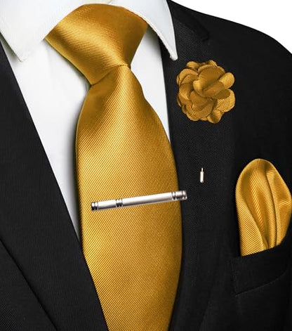 JEMYGINS Formal Necktie Solid Color Tie and Pocket Square with Tie Clip Lapel Pin Sets for Men 4PCS - color: Gold