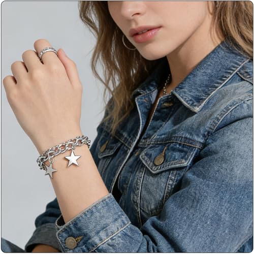 Women’s Star Bracelet Stainless Steel Link Chain, Double Layer Star Charm Bracelet for Women, Fashion Curb Bracelet Stackable Birthday Gift