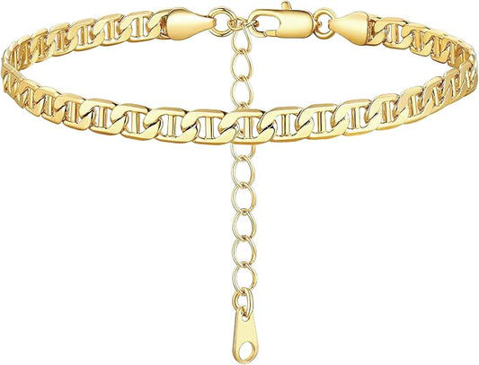 FOCALOOK 14K Gold Plated Anklets for Women Waterproof Plus Size Ankle Bracelet 8.5-10.5 Inch Adjustable Mariner/Figaro/Flat Snake/Cuban Link Chain Anklet Jewelry for Summer Beach Holiday - color: B:5mm Mariner-Gold