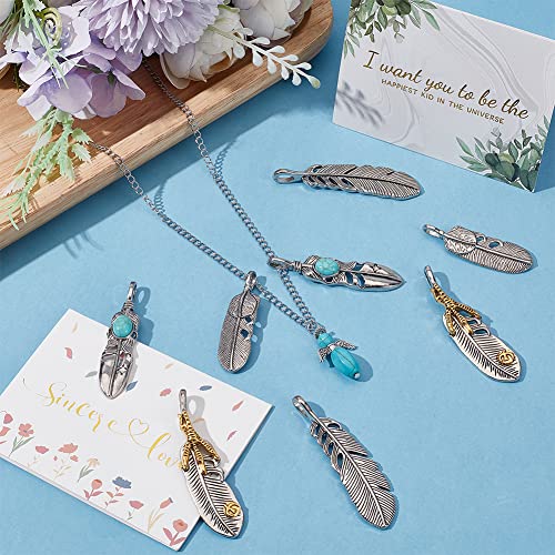 GORGECRAFT 1 Box 8PCS Silver Golden Alloy Big Feather Turquoise Pendant Stainless Steel Silver Feather Charms Necklace Feather Dangle Antique Charms for DIY Key Chain Jewelry Making Findings - style: 8PCS 4 Styles