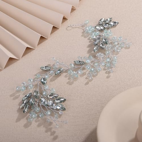 Teyglen Mint Green Rhinestone Wedding Headband Bride Crystal Wedding Hair Vine Bridal Headpiece for Women Party Prom Wedding Hair Accessories Crystal Wedding Hair Piece(Mint Green) - color: Mint Green