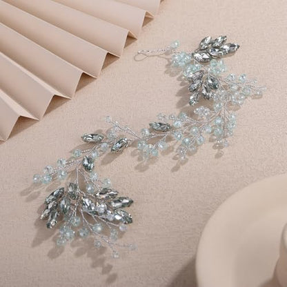 Teyglen Mint Green Rhinestone Wedding Headband Bride Crystal Wedding Hair Vine Bridal Headpiece for Women Party Prom Wedding Hair Accessories Crystal Wedding Hair Piece(Mint Green) - color: Mint Green