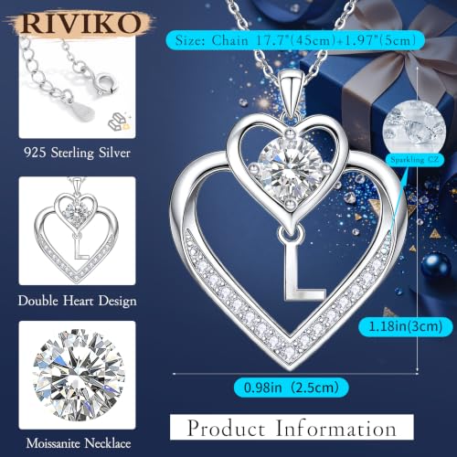 RIVIKO 1 Carat Moissanite Heart Initial Necklace for Women,Letter Pendant | 925 Sterling Silver Chain,Personalized Jewelry,Anniversary Birthday Gifts for Wife Friend Mom - color: Letter L
