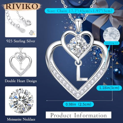 RIVIKO 1 Carat Moissanite Heart Initial Necklace for Women,Letter Pendant | 925 Sterling Silver Chain,Personalized Jewelry,Anniversary Birthday Gifts for Wife Friend Mom - color: Letter L