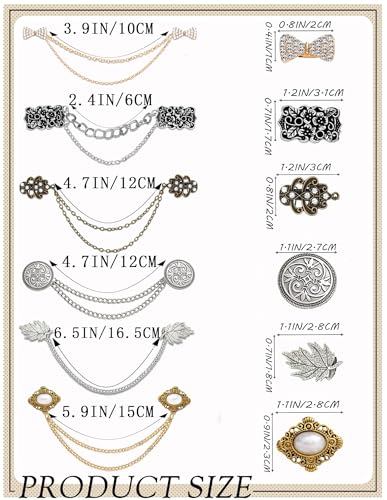Akeoqi 6Pcs Vintage Sweater Shawl Chain Clips retro Bowknot Rhinestone Button Leaf Pearl Flower Pattern Brooch Pins for women men suit Shirt cardigan Cloak Dress Lapel collar Clasp with Hanging Chain