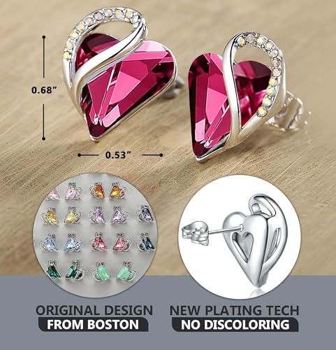 Infinity Love Heart Stud Earrings for Women, Birthstone and Healing Stone, Gifts for Mom, Wife, and Her, Silver Plated - color: 10a-October-Tourmaline Hot Pink