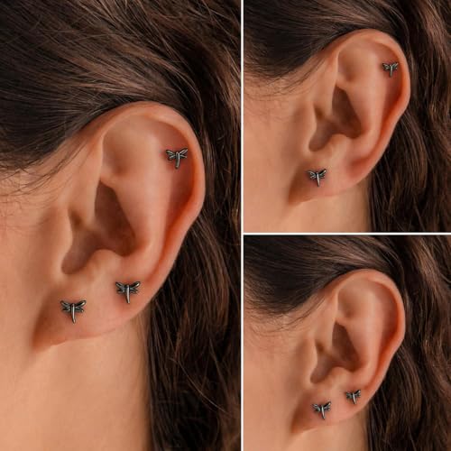 Flat Back Earrings for Women Cartilage Helix | Comfortable Dainty Cute Dragon Bee Bird Phoenix Dragonfly Cute Animal Leaf Spiral Rhombus Design Flatback Stud Earrings - color: Black Dragonfly