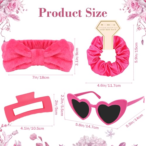 Semato 4 Pcs Hot Pink Bridesmaid Proposal Gifts Bridesmaid Spa Headband, Hair Claw Clips, Heart Shaped Sunglasses and Smooth Satin Scrunchies - color: Hot pink