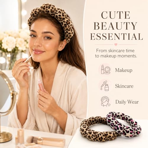 Leopard Spa Headbands for Women Teen Girls, Head Band for Washing your Face, Makeup Hair Band for Washing Face，Puffy Makeup Washing, Mask, Thick Padded Terry Cloth Hair Accessories (Classic & Pink)
