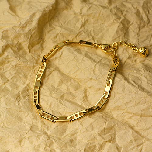 LOYATA Chain Bracelet Gold Link 14K Gold Plated Dainty Pearl Bracelet Simple Jewelry Gift for Women - style: Flat Chain