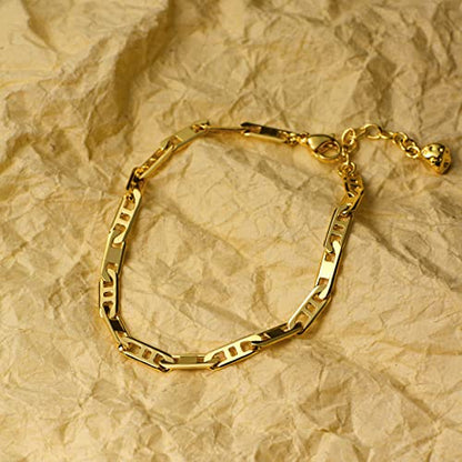 LOYATA Chain Bracelet Gold Link 14K Gold Plated Dainty Pearl Bracelet Simple Jewelry Gift for Women - style: Flat Chain