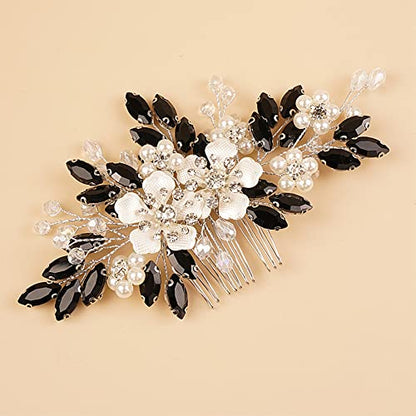 Kercisbeauty Black Crystal Silver Hair Comb Wedding Bridal Hair Accessories with Rhinestones Shiny Handmade Jewelry for Women (Black) - color: Black