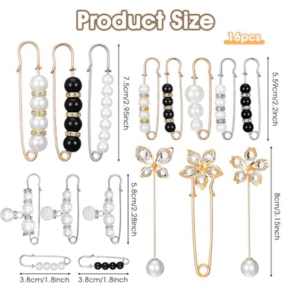 24/16 Pcs Pearl Brooch Pins Set, Decorative Safety Pin | Pant Waist Tightener Pins for Clothes Sweater Shawl Hat Clips White Collar Clips for Cardigan Dress Sweater - style: Rhinestone Style