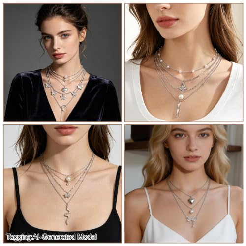 24 Pcs Y2K Necklace Set, Layered Grunge Emo Jewelry Pack With Cross, Butterfly, Heart, Moon, Star, and Pearl Chain Pendant Accessories, Daily Wear Gifts for Women - color: 24 Pcs Silver