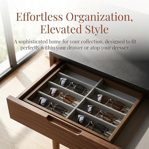Stratalife 8 Grids Drawer Sunglasses Organizer Tray, Gray Velvet | Stackable Eyeglasses Storage Case with Removable Dividers, Wood Jewelry Display Case for Necklace Bracelet, 13.78x9.5x1.2inch - color: Grey-01