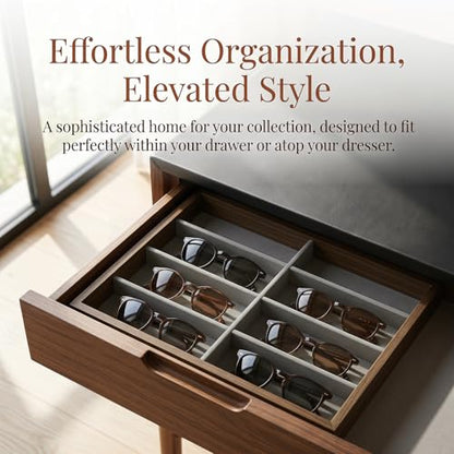 Stratalife 8 Grids Drawer Sunglasses Organizer Tray, Gray Velvet | Stackable Eyeglasses Storage Case with Removable Dividers, Wood Jewelry Display Case for Necklace Bracelet, 13.78x9.5x1.2inch - color: Grey-01