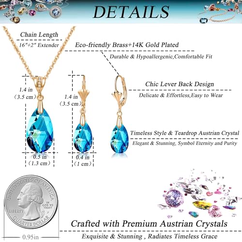 Austrian Crystals Teardrop Pendant Necklace Earrings for Women 14K Gold Plated Hypoallergenic Leverback Drop Dangle Earrings Jewelry Set - color: Bermuda Blue