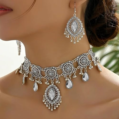 Frodete Indian Jewelry Sets for Women Traditional Bohemian Wedding Jewelry Set Indian Dresses for Women Oxidized Ethnic Party Prom Wear - color: D1: SILVER WHITE