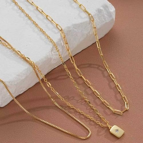 Gold Layered Necklaces for Women, 14K Gold Plated Paperclip Snake Chain Necklace Set, Dainty Coin Cross Tear Pendant Layering Choker Necklaces, Simple Trendy Stackable Jewelry Gifts - color: 3PCS/ square pendant& 2 Chains