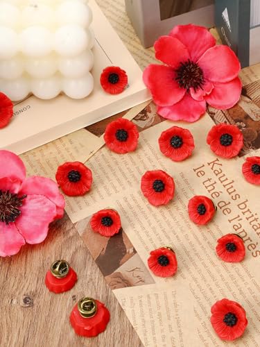 JUNEBRUSHS 28 Pcs Memorial Day Poppy Flower Pins Resin Red Poppy Brooch Lapel Pin Lest We Forget Poppy Pins for Remembrance Veterans Day Wedding Home Garden Decoration (2 Size) - style: Poppy Flower Style