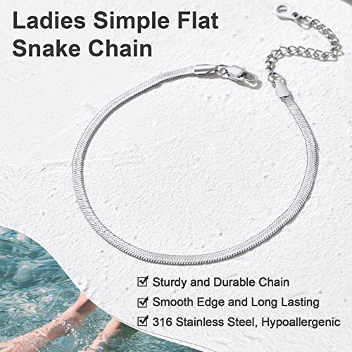 Adjustbale Link Chain Anklet for Women Summer Jewelry, 316L Stainless Steel Figaro/Wheat/Twist Rope/Cuban Foot Bracelet-Waterproof, Resizable 9"-12" (Gift Box Included) - color: 6, Herringbone - Stainless Steel-3mm