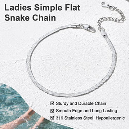 Adjustbale Link Chain Anklet for Women Summer Jewelry, 316L Stainless Steel Figaro/Wheat/Twist Rope/Cuban Foot Bracelet-Waterproof, Resizable 9"-12" (Gift Box Included) - color: 6, Herringbone - Stainless Steel-3mm