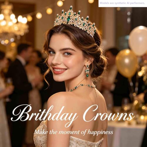 Kamirola Tiaras and Crowns for Women,Tiaras Earrings Necklace, Crystal Bridal Jewelry Set, Costume Jewelry for Women Party Halloween Prom Pageant - color: GOLD GREEN