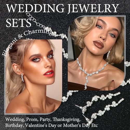 Rhinestone Jewelry Set Crystal Pearl Necklace Bracelet Earrings | Sparkly Necklace Dangle Earrings,Wedding Prom Formal Costume Jewelry Sets for Women - color: Silver3