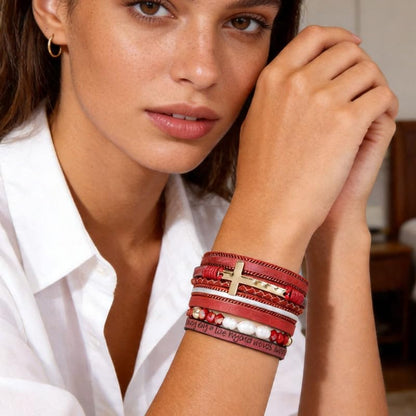 Purple Cross Leather Wrap Bracelet for Women Boho Handmade Multi Layer Cuff Crystal Beads Stackable Western Style Jewelry Gift - color: Red Cross Leather Wrap Bracelet