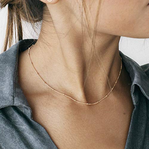 Aobei Pearl 18K Gold Plated Paperclip Chain Choker Satellite Chain Freshwater Cultured Biwa Pearl Pendant Necklace Dainty Turquoise Jewelry for Women - color: Dainty 18K Gold Plated Bead Station Chain