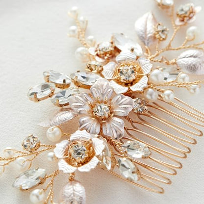SWEETV Hair Comb, Handmade Rose Gold Bridal Hair Accessory for Weddings and Brides - 4.72 * 2.75 Inch, 2.Rose Gold | Handmade Gold Hair Piece Wedding Hair Accessories, Bridal Hair Comb Bridal Hair Pieces Wedding Hair Clip 4.72 * 2.75 Inch - color: 2.Rose