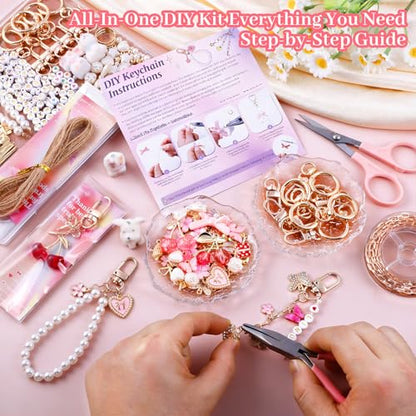 Wurosi Pink 680PCS Keychain Making Kit DIY Crafts, DIY Bag Charm Kit | Includes 78.74 Inch Chains,Tools,Charms and Packaging Supplies, Create Custom Bag Charms Keyrings and Lip Gloss Holders - color: 680 Pcs Pink Keychain Kit