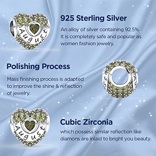 Birthstone Charms Love Heart Openwork Bead Charm for Women Bracelets and Necklaces 925 Sterling Silver with 5A Cubic Zirconia,Jewelry Gifts Women - color: August Birthstone Charms