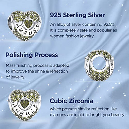 Birthstone Charms Love Heart Openwork Bead Charm for Women Bracelets and Necklaces 925 Sterling Silver with 5A Cubic Zirconia,Jewelry Gifts Women - color: August Birthstone Charms