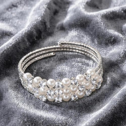 Gold Crystal Faux Pearl Beaded Bracelet for Women,Sparkling Rhinestone Layered Statement Cuff Bracelet Wedding Bridal Jewelry Accessories - color: Silver