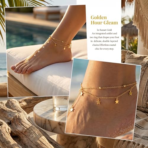 Golden-Tone Link Chain Anklet and Toe Ring Jewelry set for women | Adjustable Link Chain Anklets Jewelry set Colorful Crystal Charms, Star and Heart Accents Summer Beach Boho Foot Jewelry - color: Gold