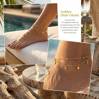 Golden-Tone Link Chain Anklet and Toe Ring Jewelry set for women | Adjustable Link Chain Anklets Jewelry set Colorful Crystal Charms, Star and Heart Accents Summer Beach Boho Foot Jewelry - color: Gold