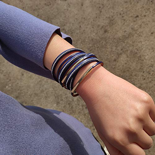 Artilady Leather Wrap Bracelet for Women, Pearl Beaded Bangle Stack Jewelry | Easy on-off, Elegant Handmade Multi-Layered, Daily Casual Date Beach Vacation, Gift for Ladies, Mother, Sister & Friend - style: Blue with Gold bar