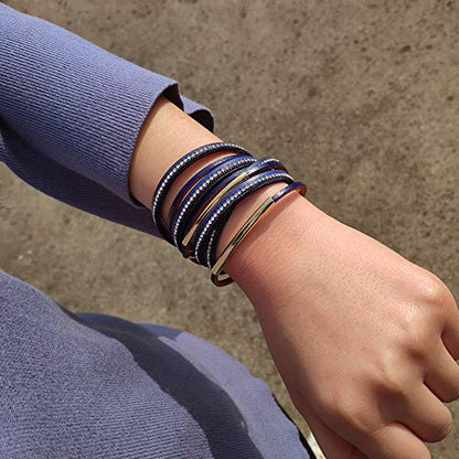 Artilady Leather Wrap Bracelet for Women, Pearl Beaded Bangle Stack Jewelry | Easy on-off, Elegant Handmade Multi-Layered, Daily Casual Date Beach Vacation, Gift for Ladies, Mother, Sister & Friend - style: Blue with Gold bar