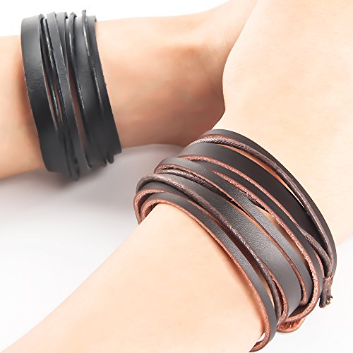 Handmade Genuine Vintage Leather Wrist Cuff Wrap Bracelet Adjustable - style: C: 2 Pcs set (Brown and Black)