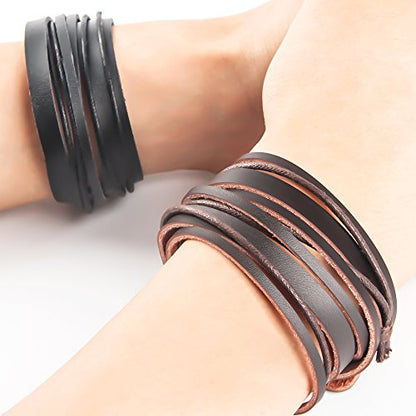 Handmade Genuine Vintage Leather Wrist Cuff Wrap Bracelet Adjustable - style: C: 2 Pcs set (Brown and Black)