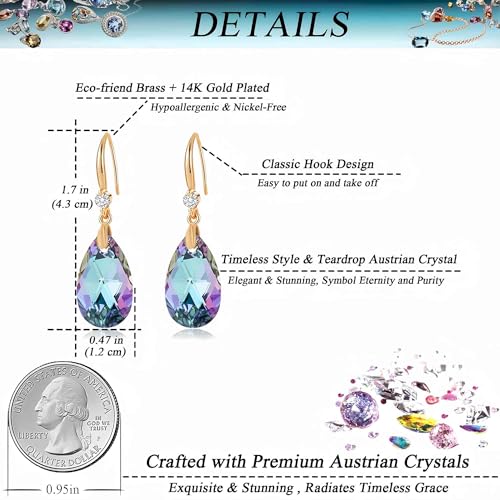 Austrian Crystal Teardrop Dangle Drop Earrings for Women 14K Gold Plated Hook Earring Hypoallergenic Jewelry Gifts for Women Girls - color: Vitrail Light