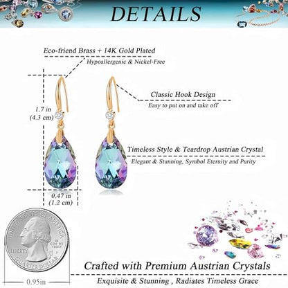Austrian Crystal Teardrop Dangle Drop Earrings for Women 14K Gold Plated Hook Earring Hypoallergenic Jewelry Gifts for Women Girls - color: Vitrail Light