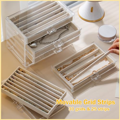 SPAKOWN Necklace Organizer Box with 5 Drawers 30 Compartments | Dustproof Velvet Necklace Tray Acrylic Necklaces Display Case Pendant Chains Storage Tray Gift for Women and Girls (Beige) - color: Beige