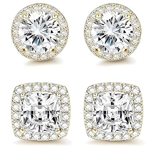 18K White Gold Plated Round Square Cubic Zirconia Simulated Diamond Halo Stud Earrings 2 pairs Set - color: gold