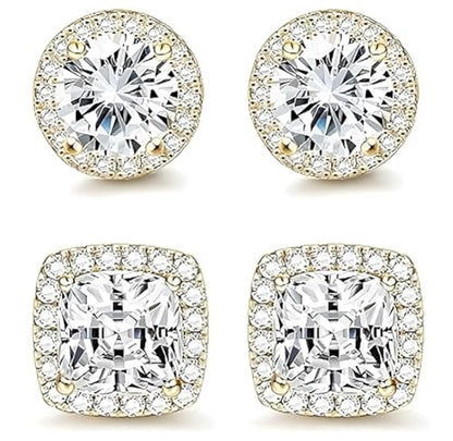 18K White Gold Plated Round Square Cubic Zirconia Simulated Diamond Halo Stud Earrings 2 pairs Set - color: gold
