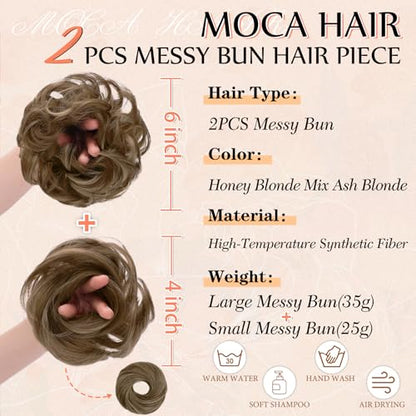 2PCS Messy Bun Hair Pieces Synthetic Hairpieces For Women | Messy Bun and Donut Bun in one set for natural-looking volume and elegant updos for every occasion. - color: Honey Blonde Mix Ash Blonde
