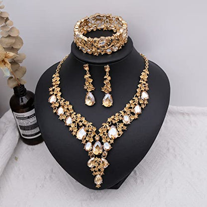 CSY Elegant Crystal Costume Jewelry Sets Flower Bridal Necklace Earrings Stretch Bangle Set for Bride Bridesmaid Wedding Dress Accessories - color: champagne gold
